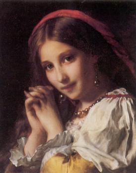 Etienne Adolphe Piot : Portrait of a Girl with Red Shawl